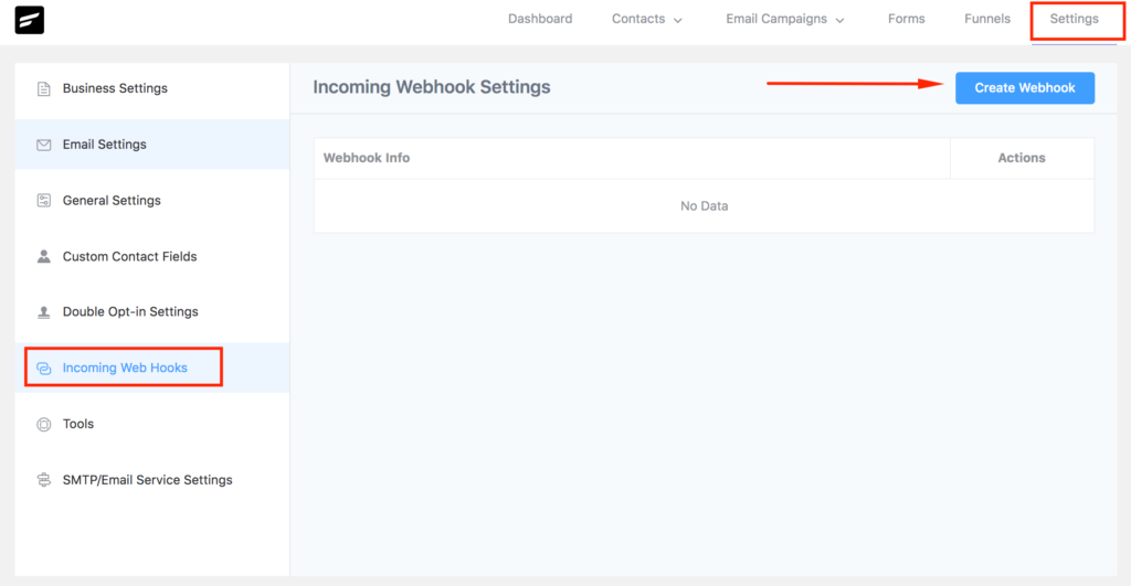 FluentCRM Incoming Webhook Settings