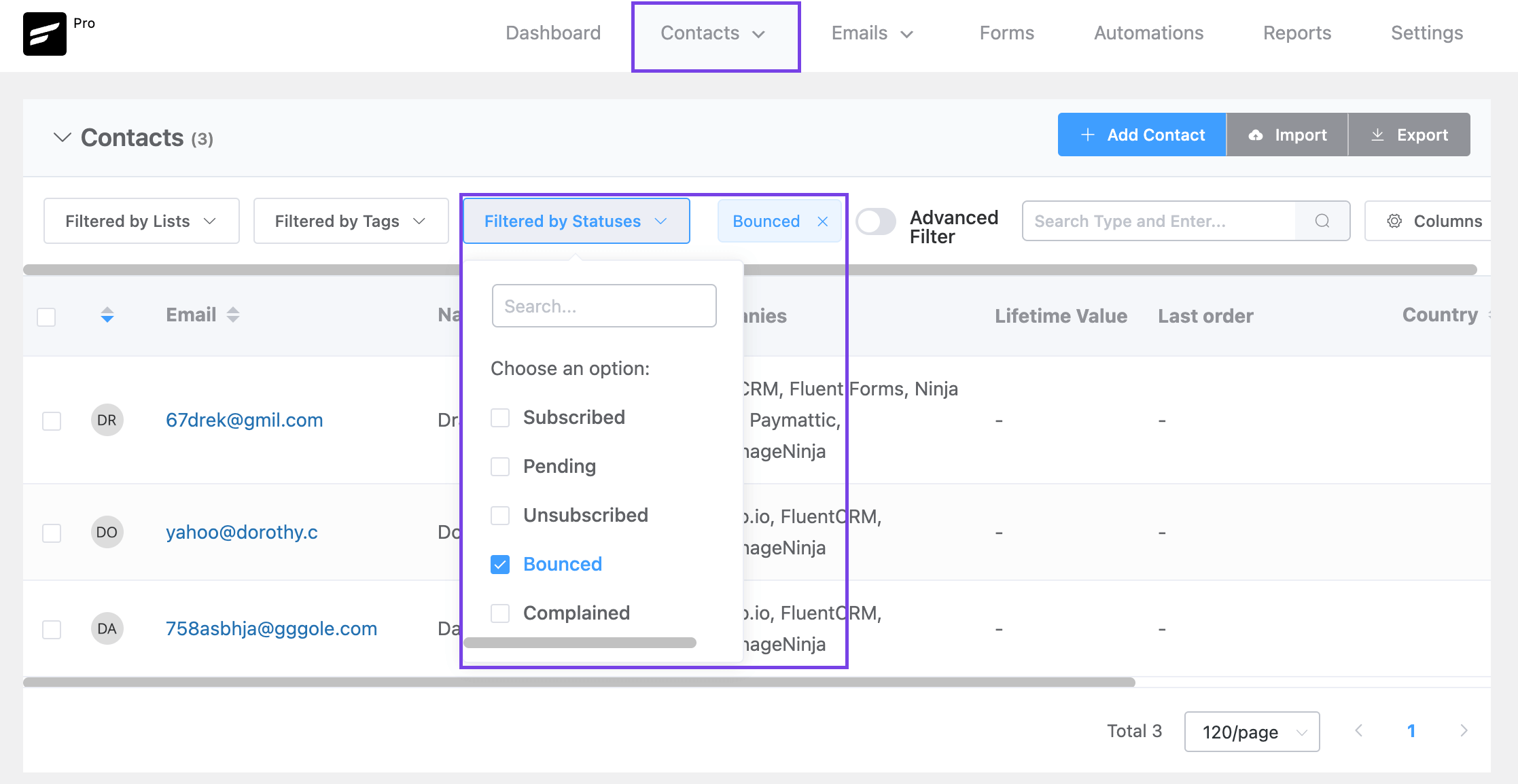 view bounced contacts in fluentcrm