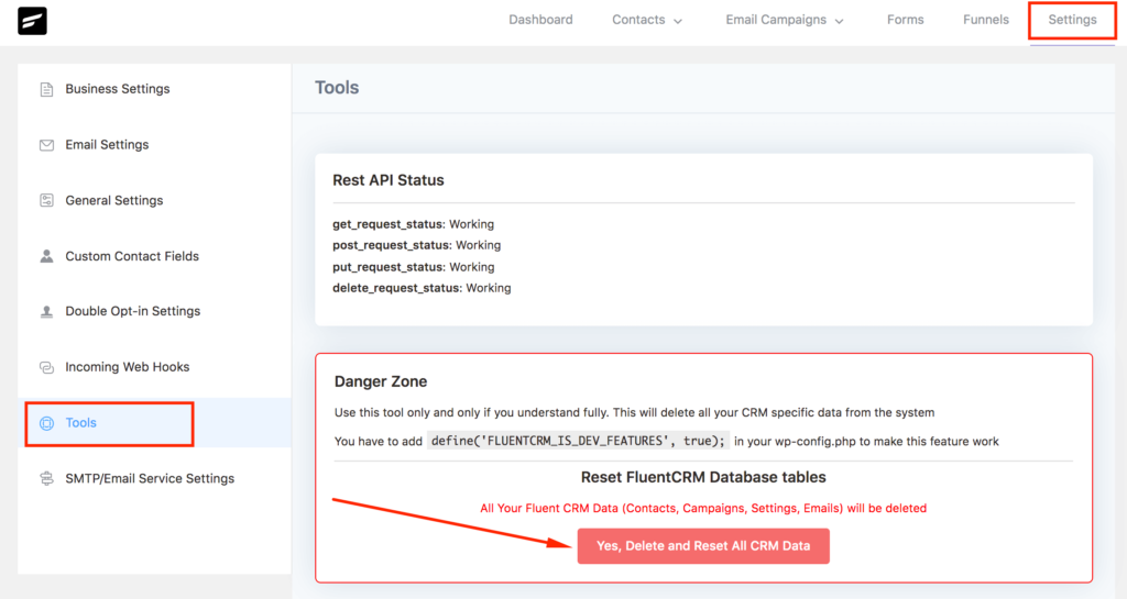 FluentCRM reset data with tools