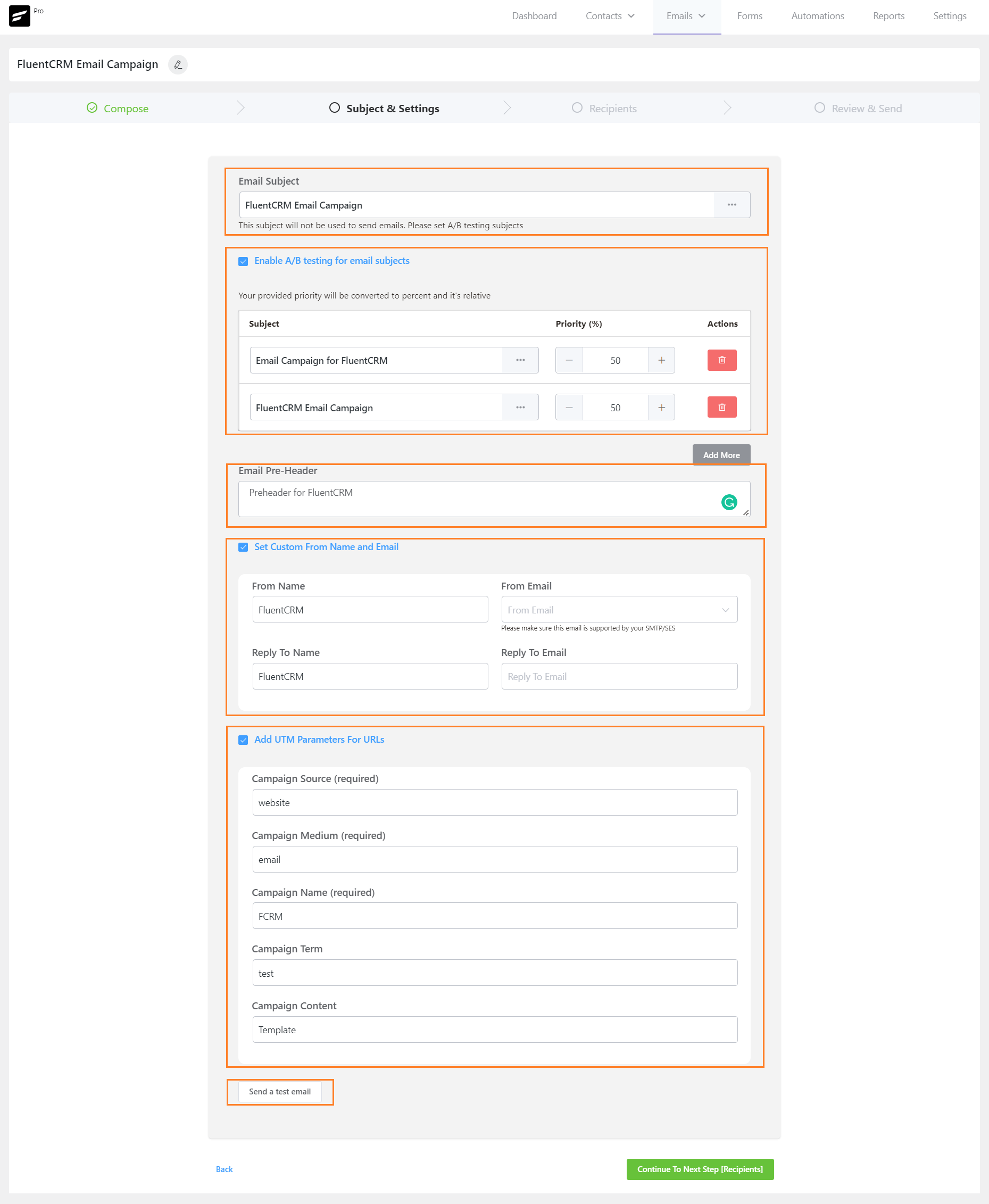 crm campaign subjectsettings