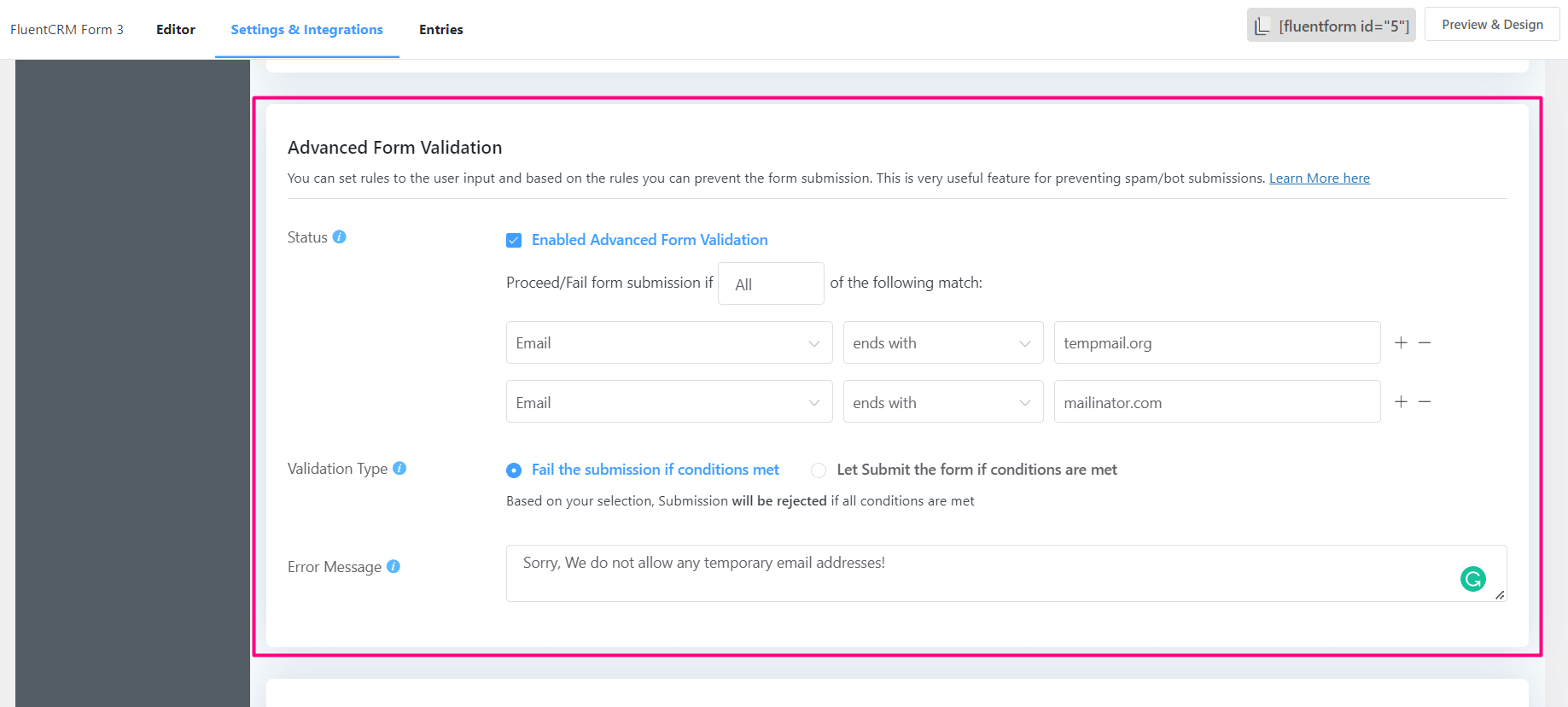 crm form advanced validation