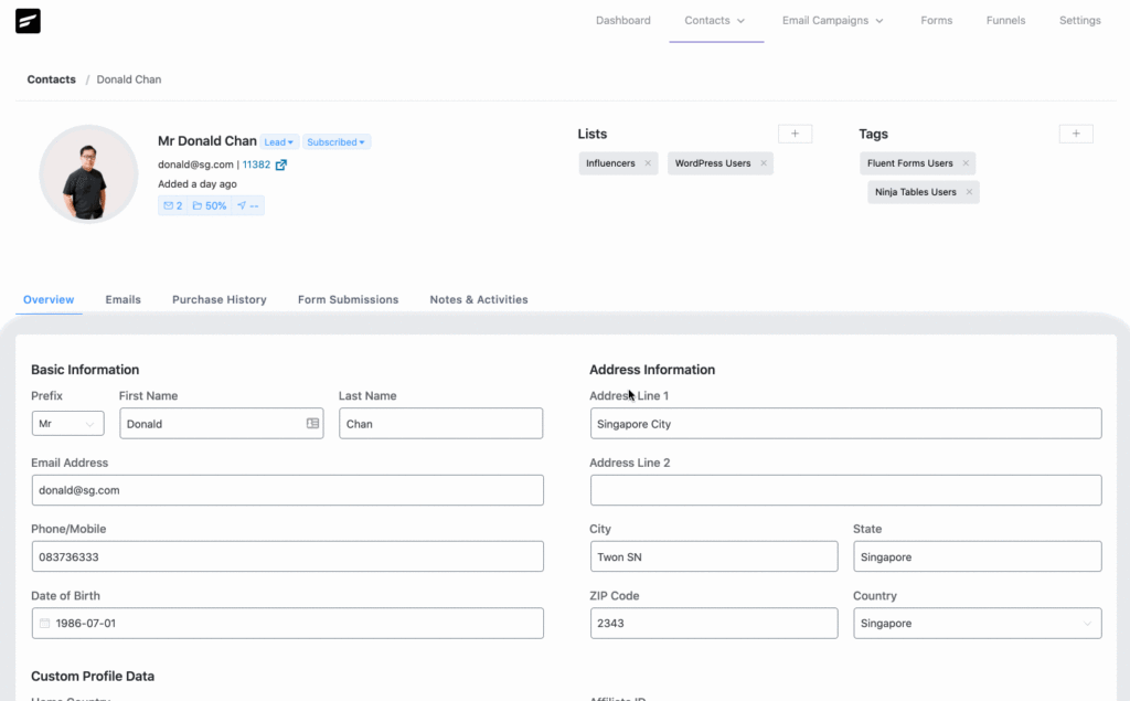 contact data platform, fluentcrm