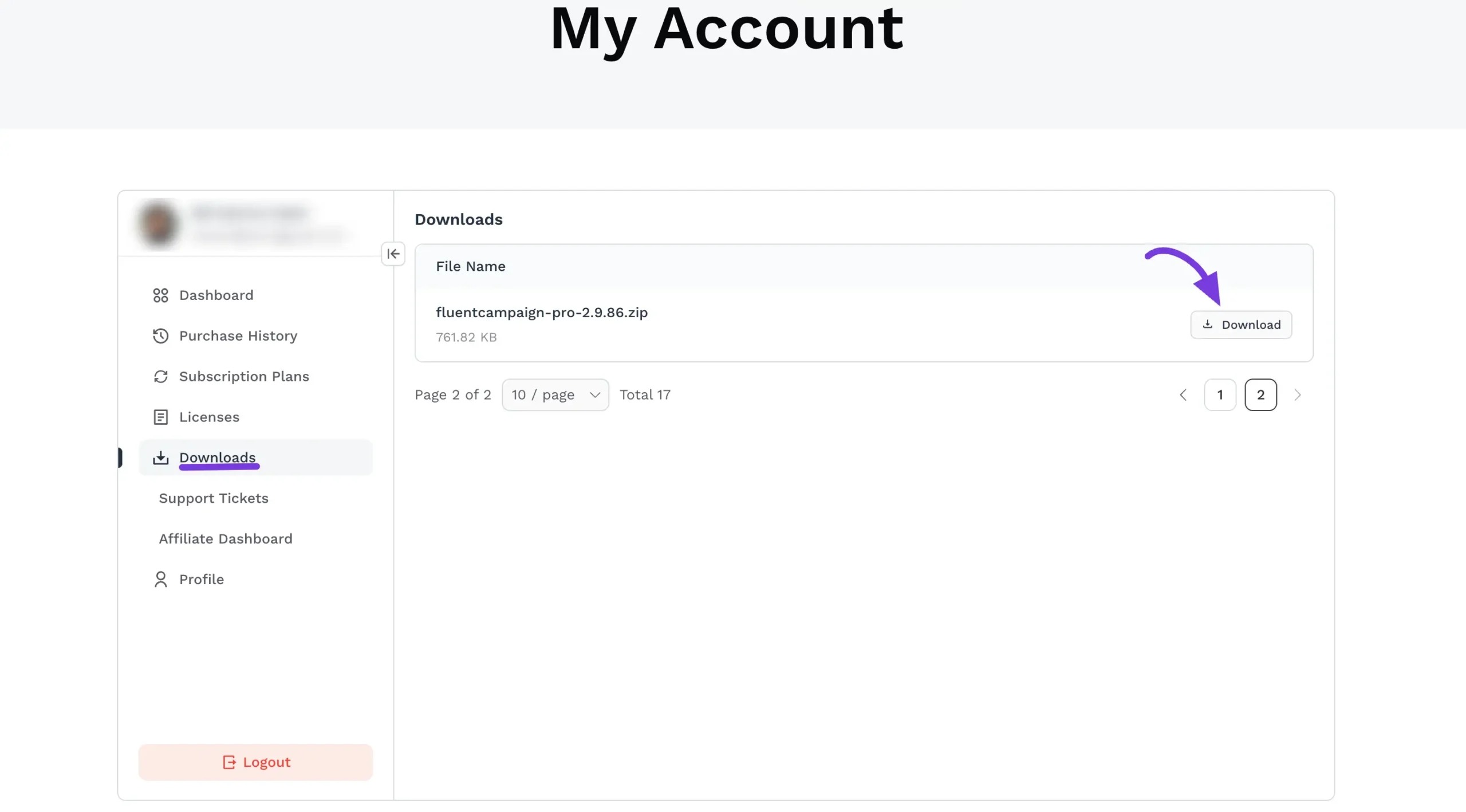 My Account Downloads page showing a file ready for download.