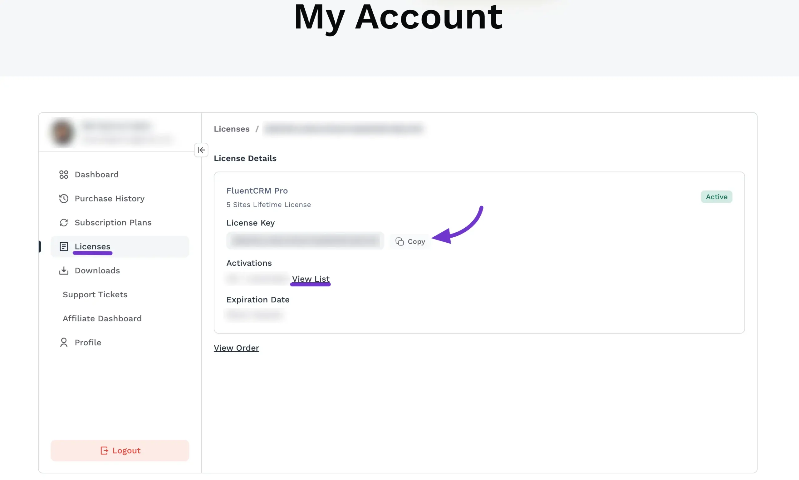 My Account licenses page showing FluentCRM Pro key and details.