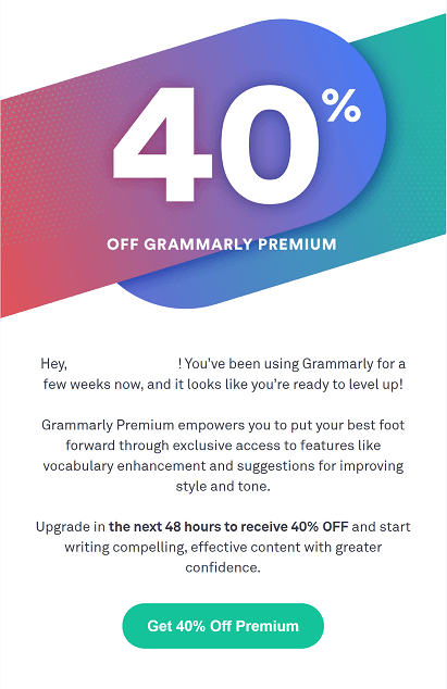 Grammarly email breakdown, welcome email sections, discount email