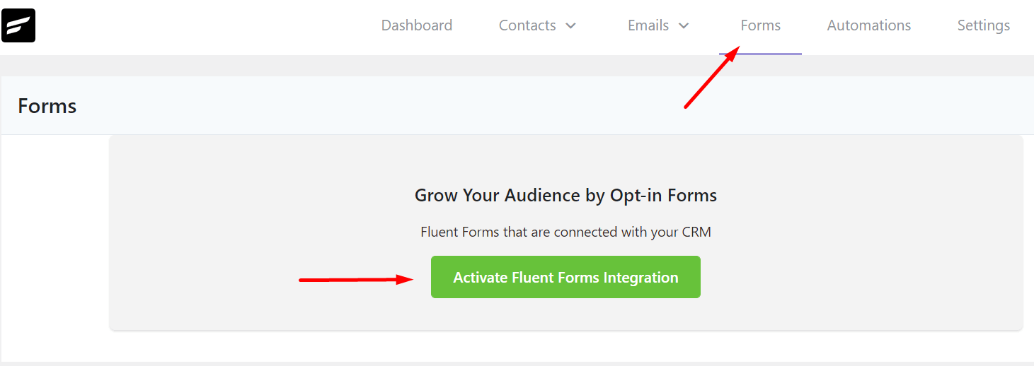 activating fluent form integration in fluentcrm