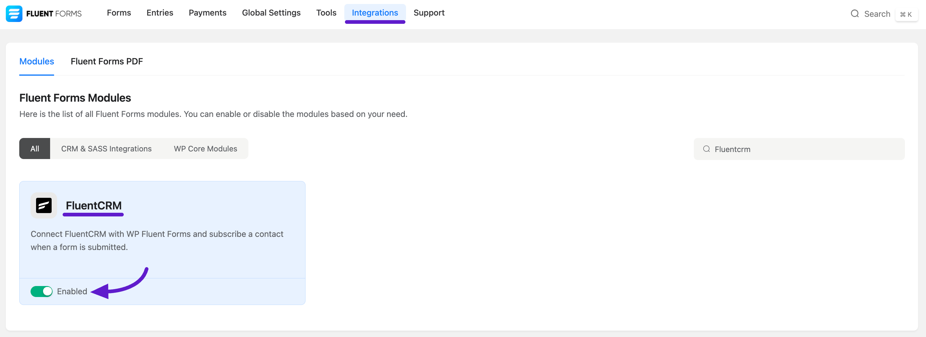 fluentfroms integation with fluentcrm 1