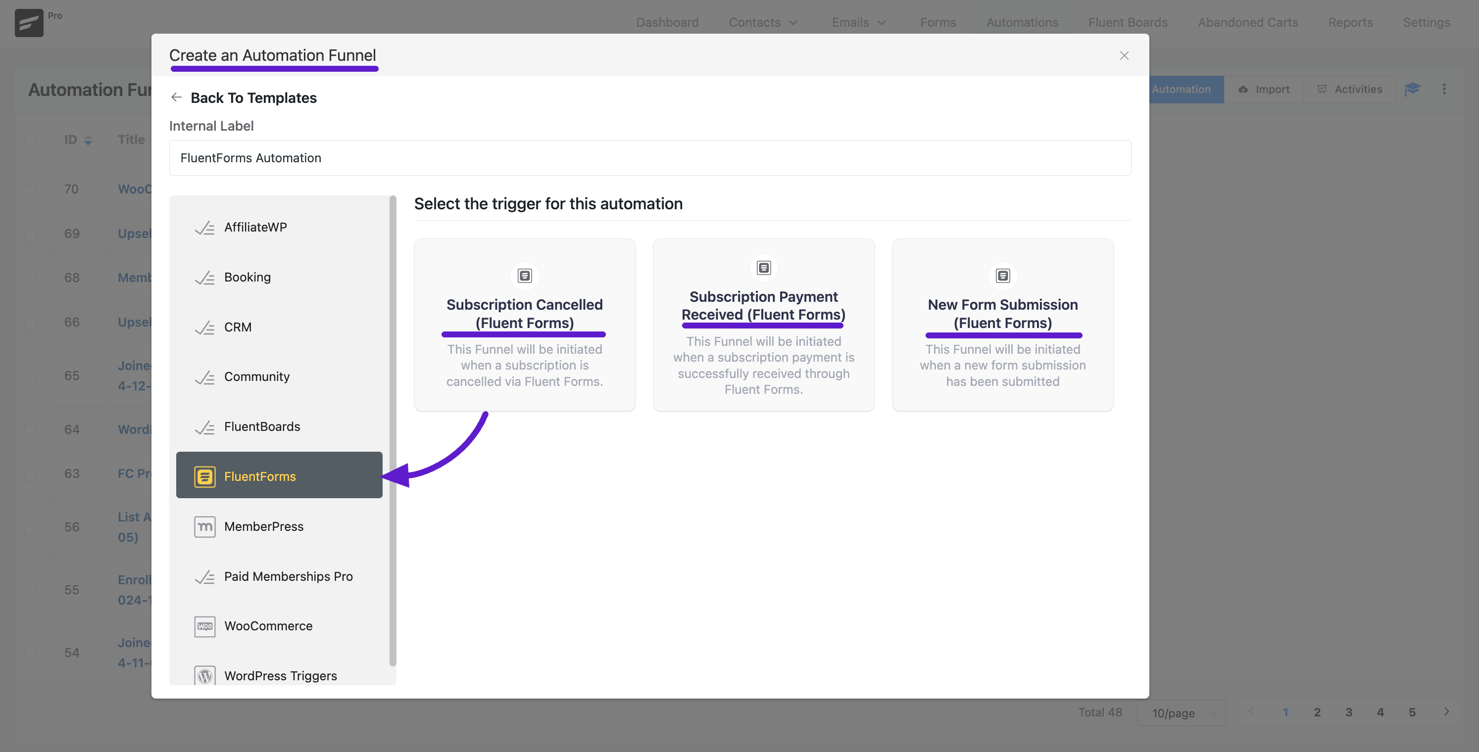 fluentfroms integation with fluentcrm 4