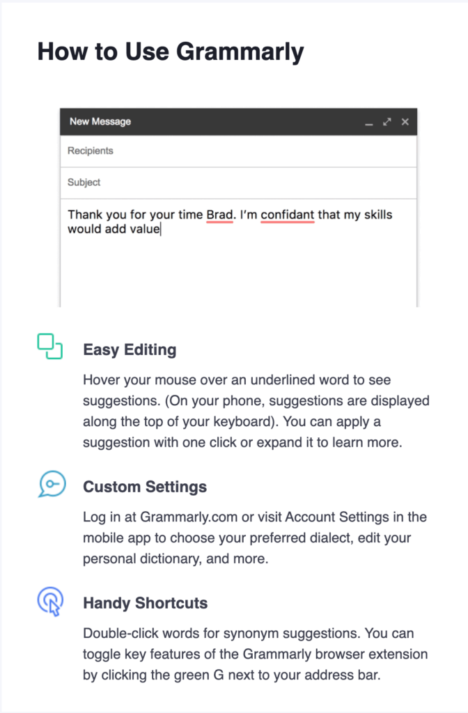Grammarly email breakdown, welcome email sections, How to use grammarly