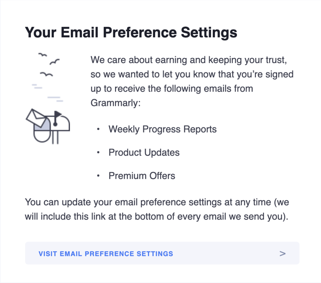 Grammarly email breakdown, welcome email sections, email preference