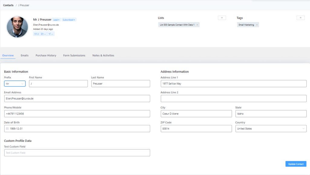 fluentcrm contact profile,  customer profile, contact profile