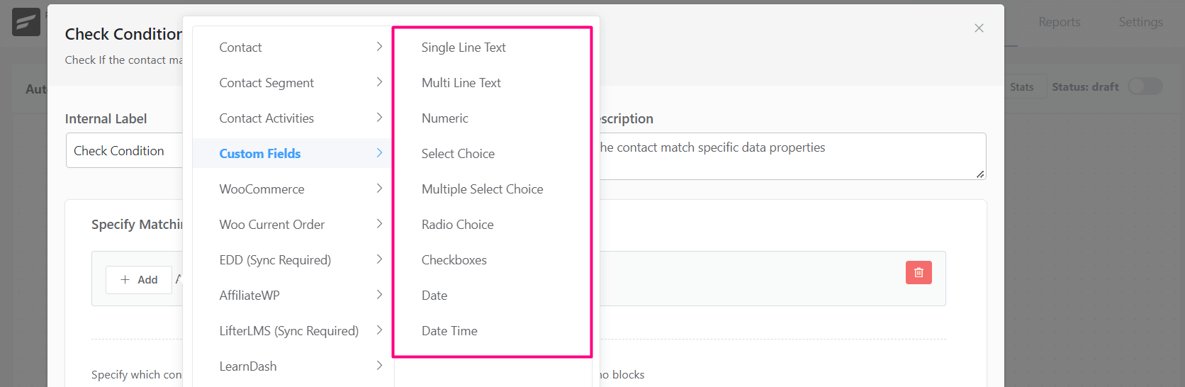 crm action conditional custom fields