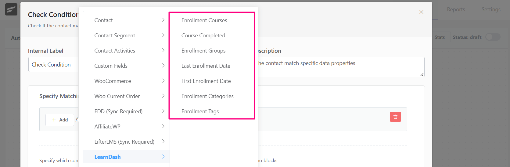 crm action conditional learndash