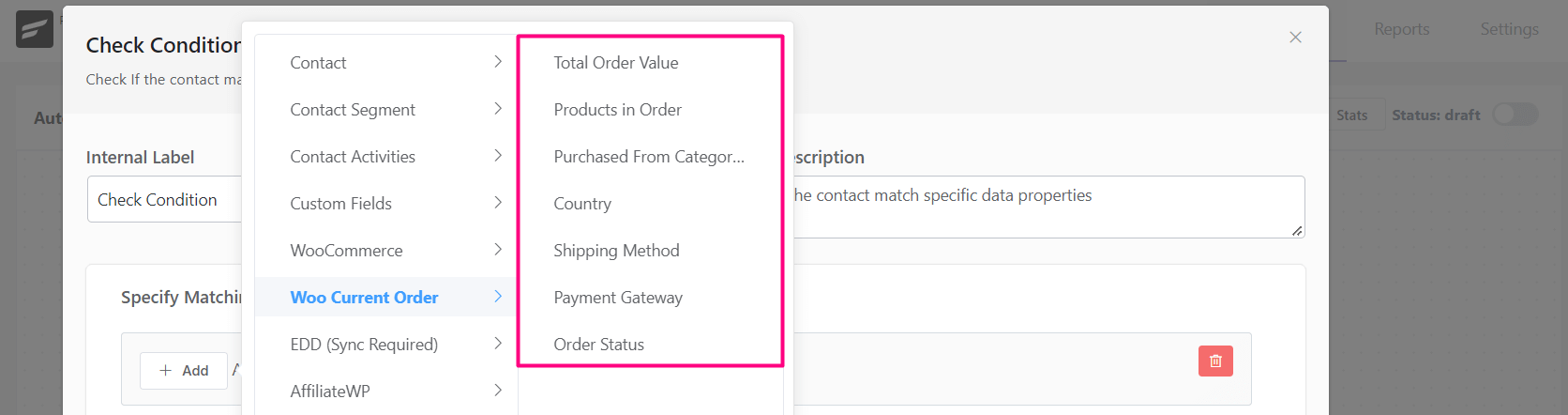 crm action conditional woo current order