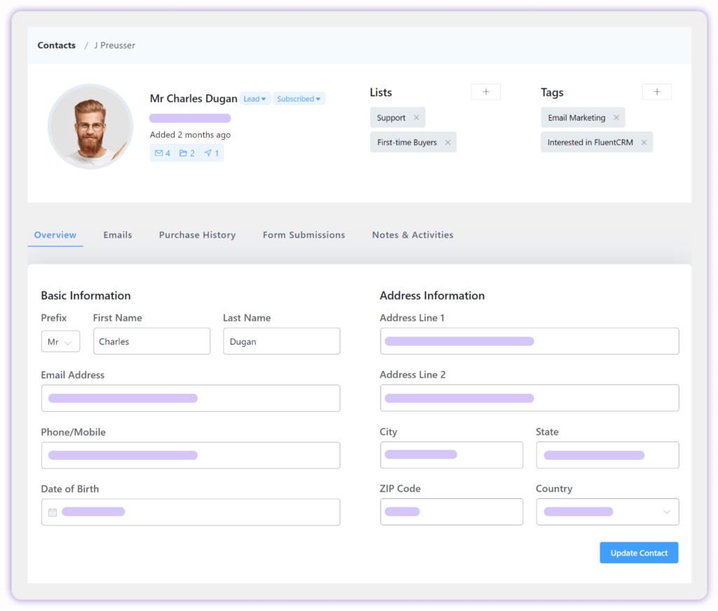 contact overview, fluentcrm contact overview, fluentcrm contact data platform