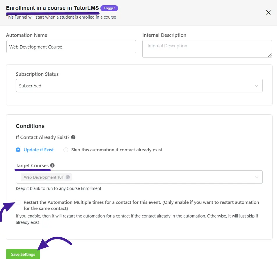 tutorlms trigger in fluentcrm