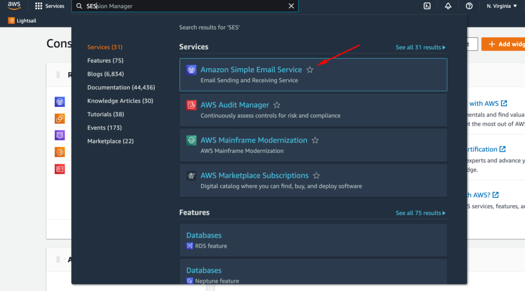 amazon ses in aws console