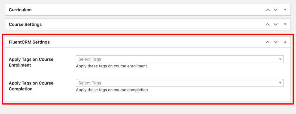 learnpress course ennrollment and course completion tagging on fluentcrm