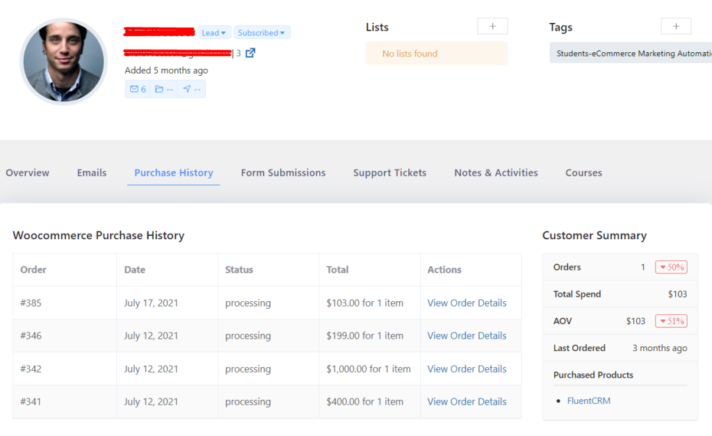 woocommerce purchase history