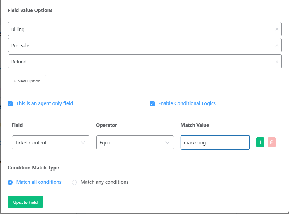 fluent support conditional logic