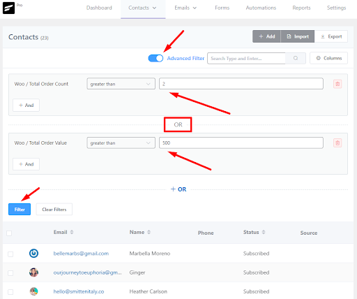 advanced filtering in fluentcrm