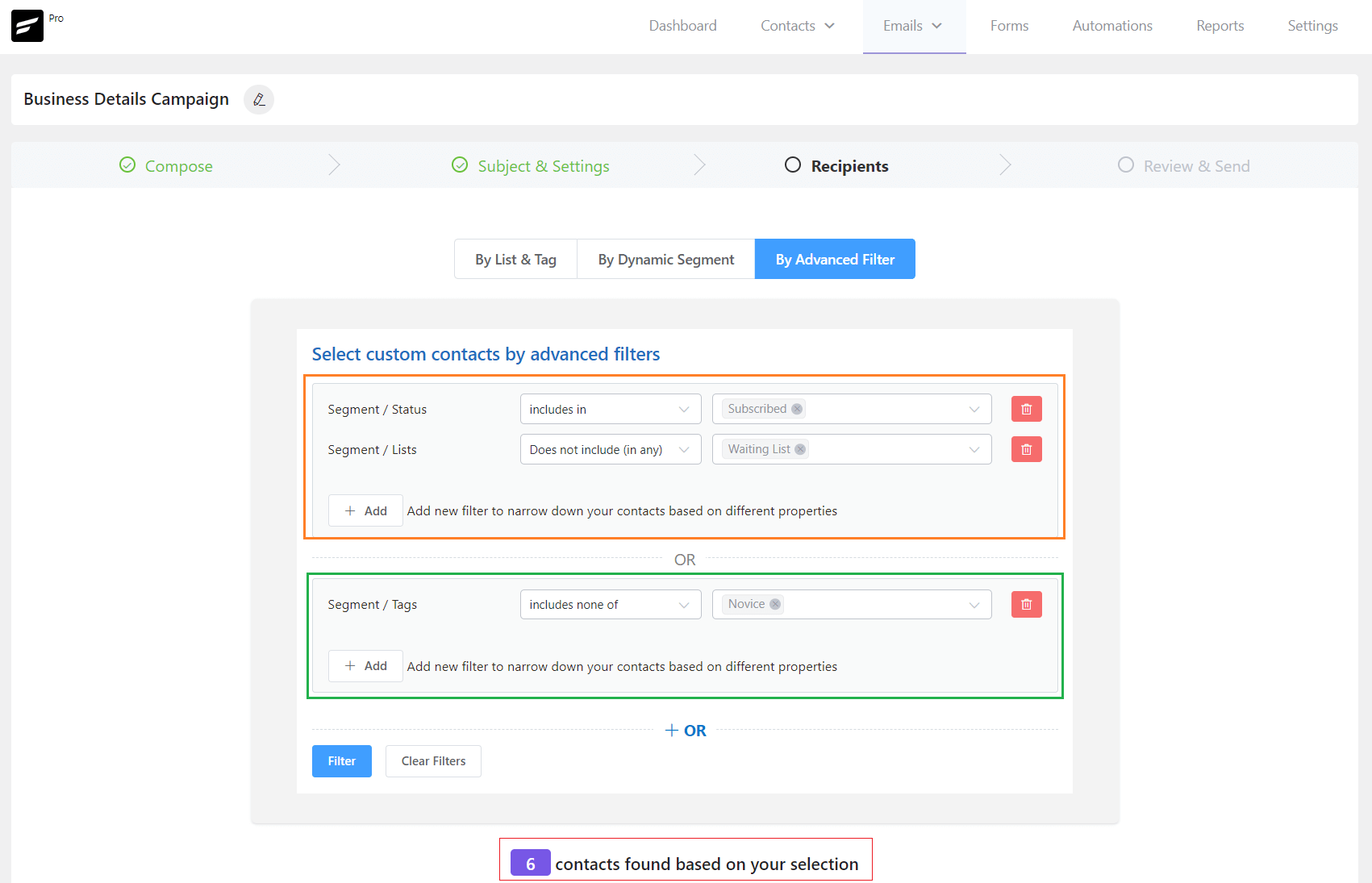 crm campaign subscribers advanced filter