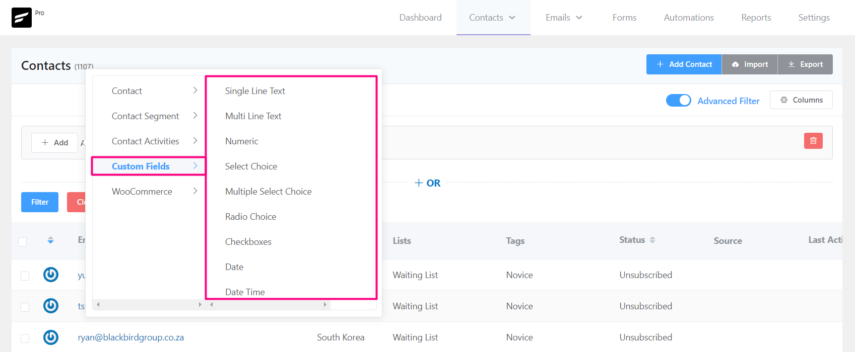 crm contacts advanced filters custom fields