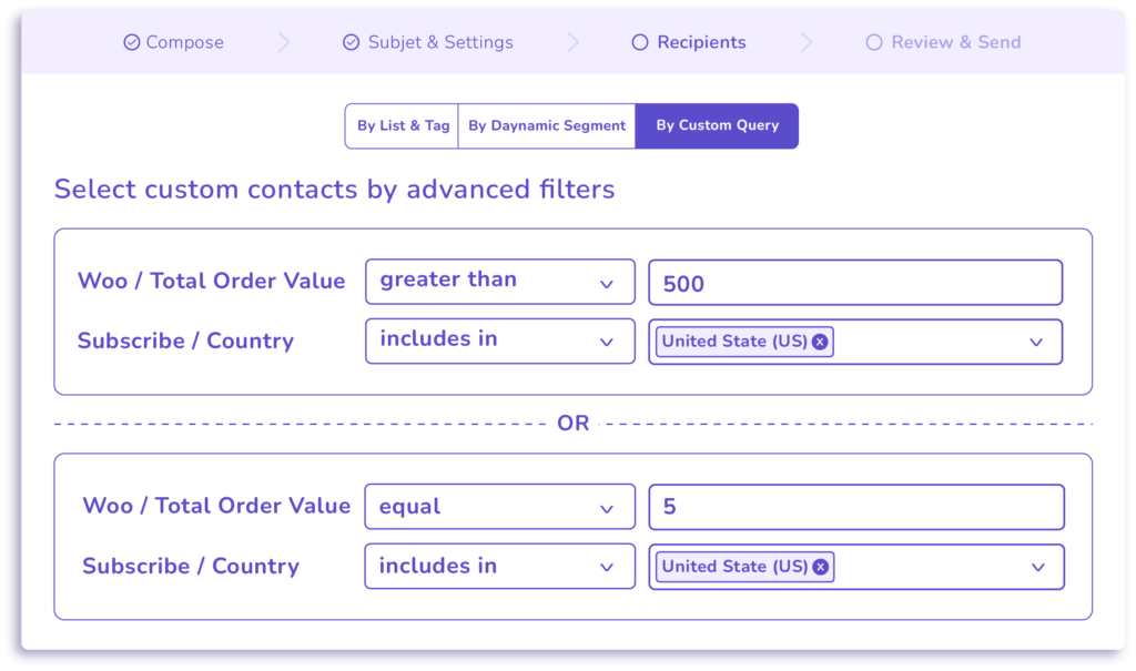 custom query filtering on fluentcrm email campaign