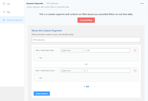 advanced filtering in fluentcrm dynamic segments