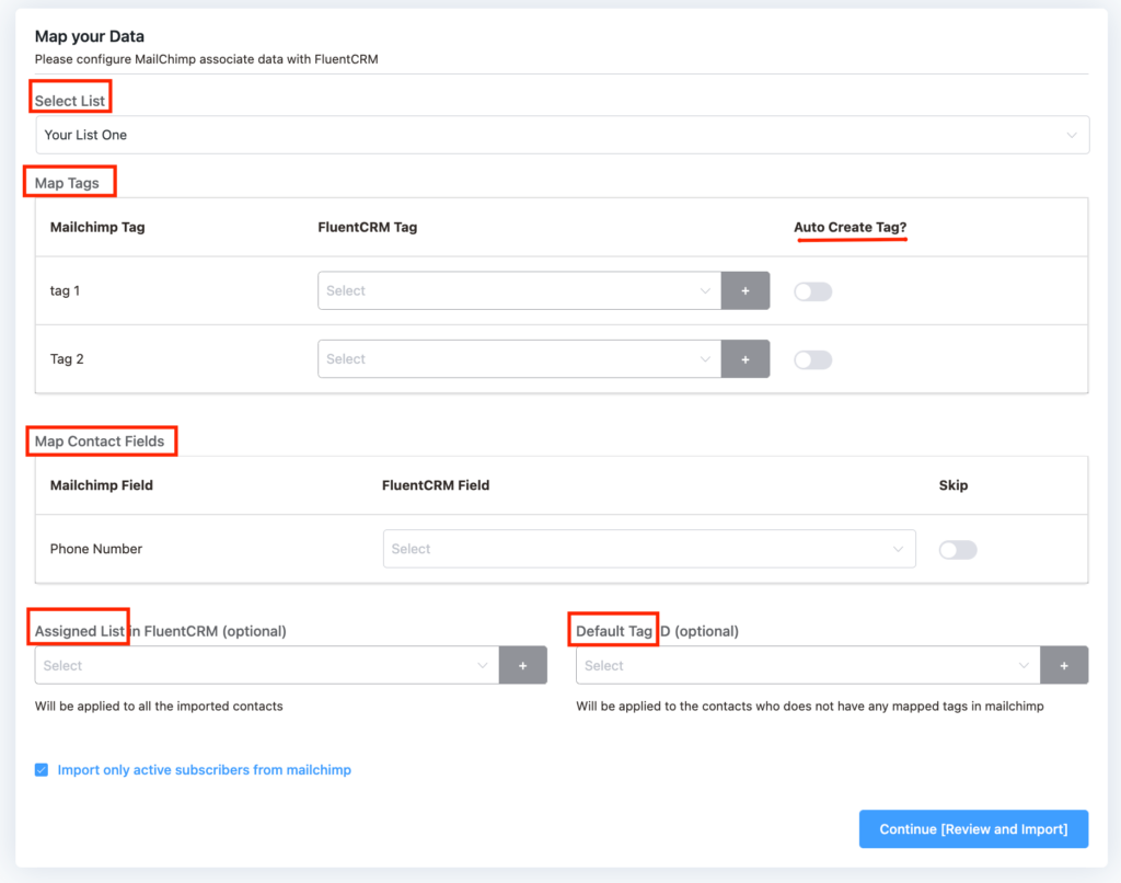 mailchimp field mapping in fluentcrm
