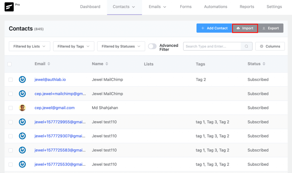 fluentcrm contacts