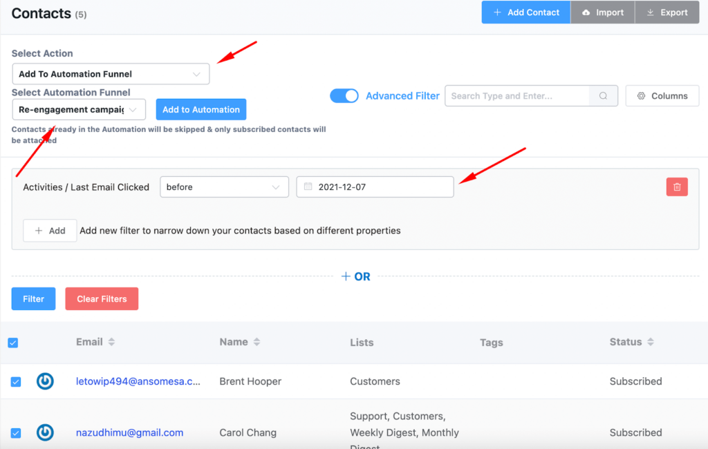 fluentcrm advanced filtering and bulk action use case