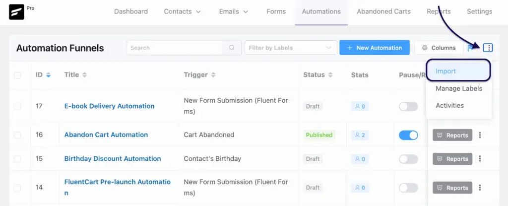 how to import automations in fluentcrm