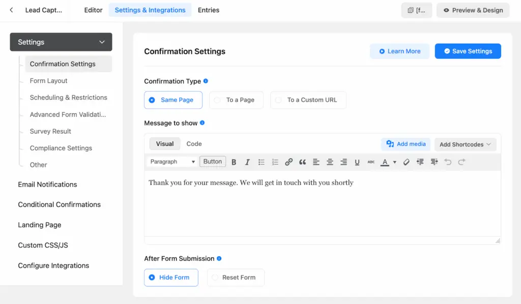 fluent forms confirmation settings