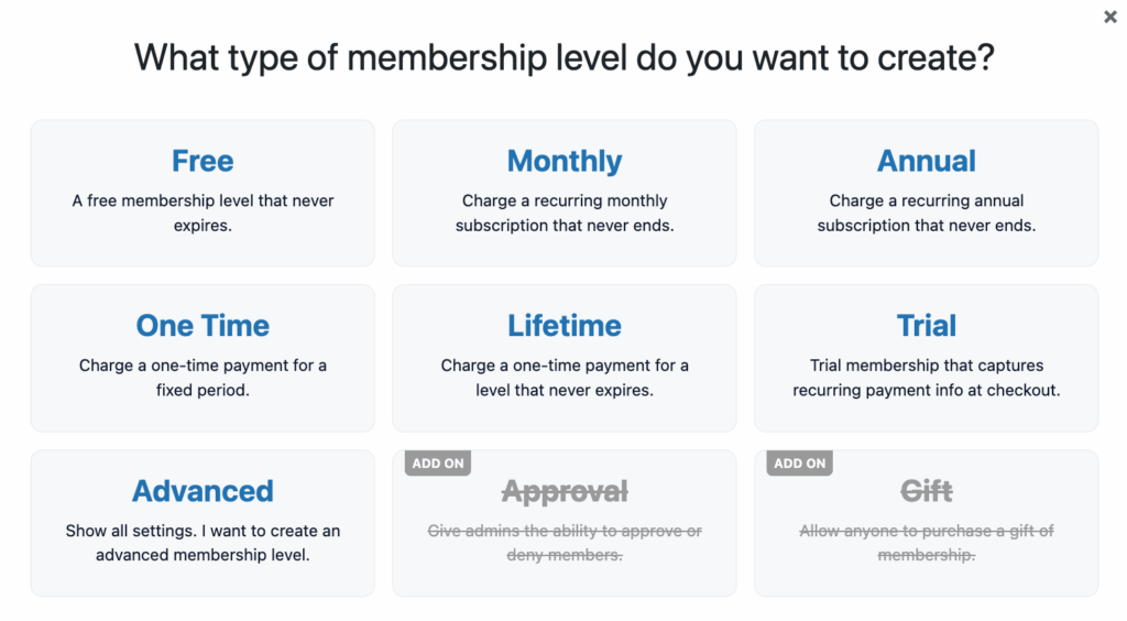 membership types in paid memberships pro