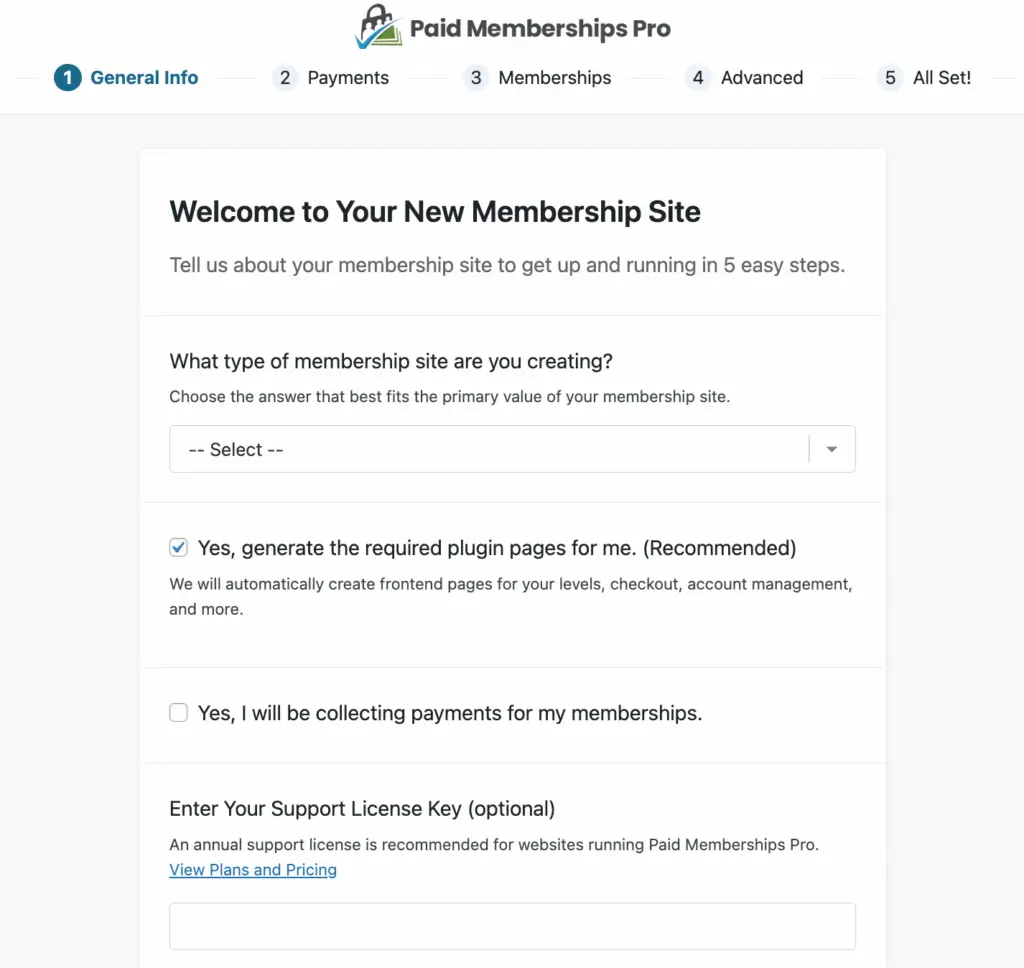 paid memberships pro setup wizard
