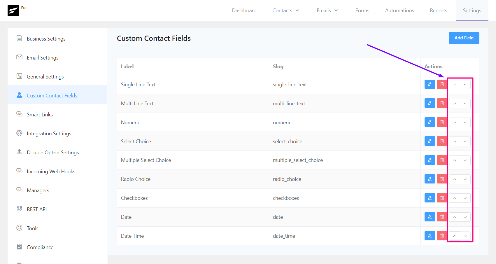 crm custom contact fields reorder