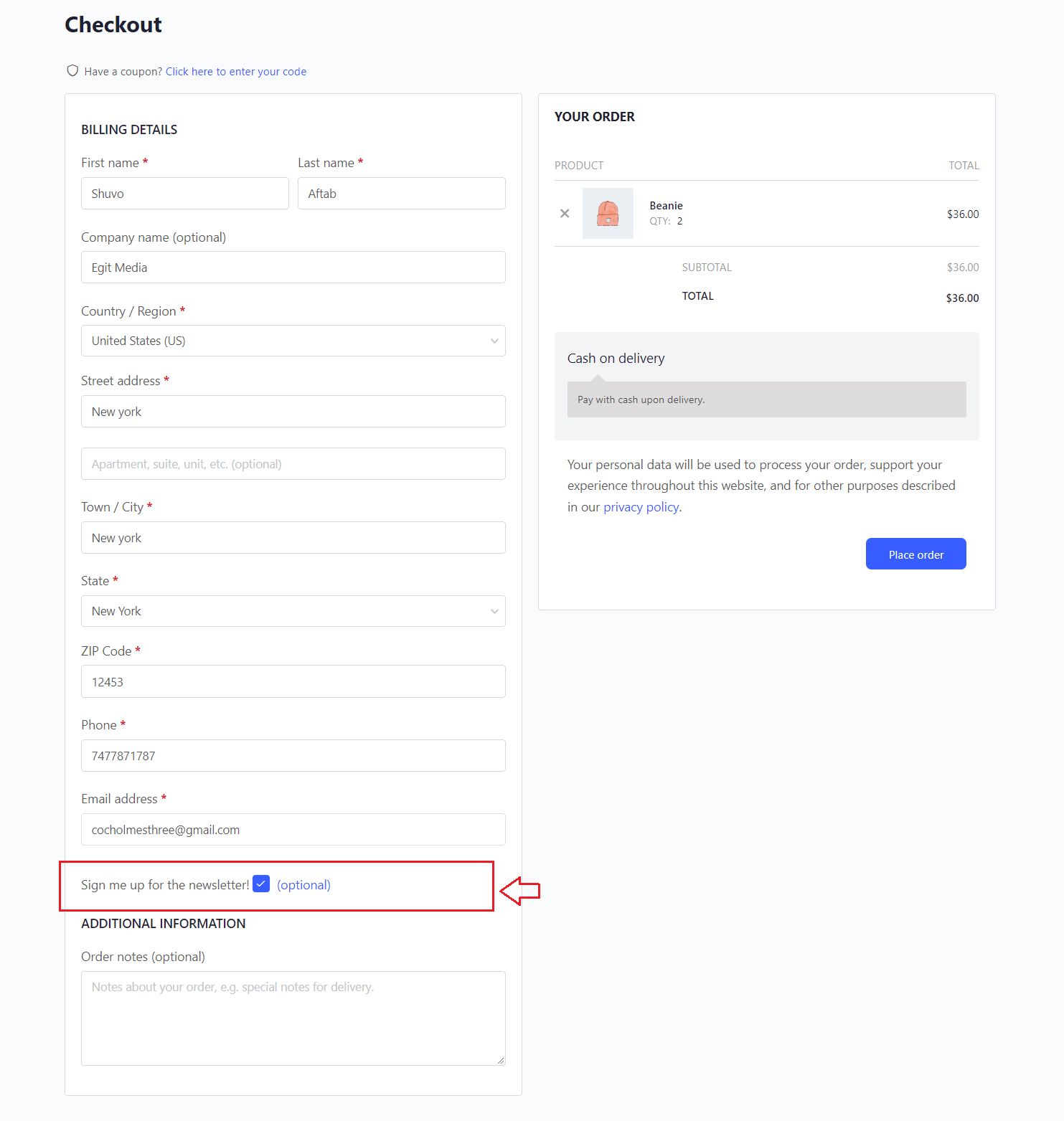 crm checkout field
