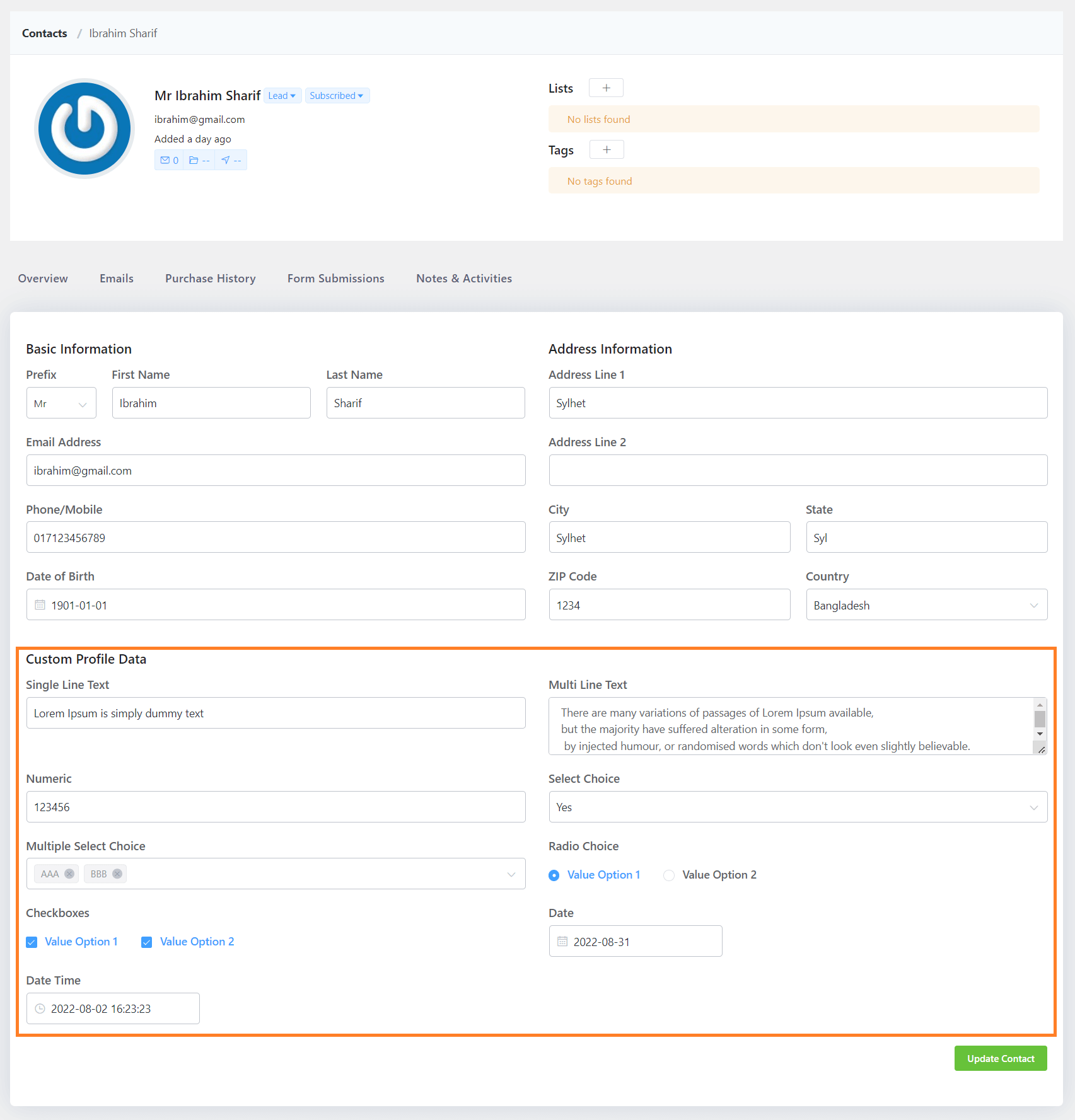 crm contact custom fields