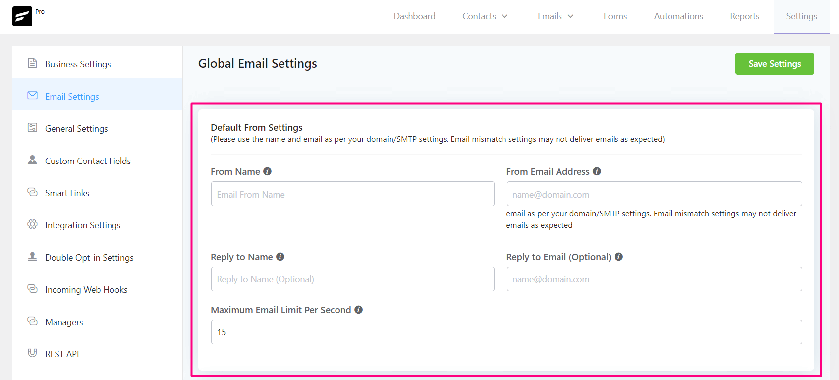 crm email settings default