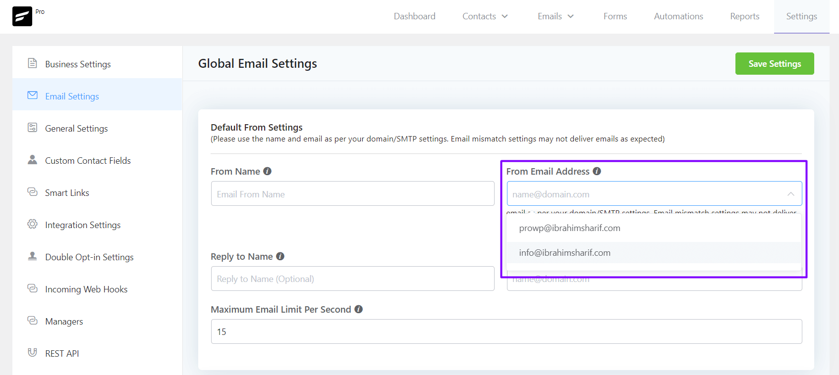 crm email settings dropdwon address