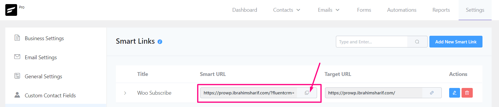 crm generated smart link copy
