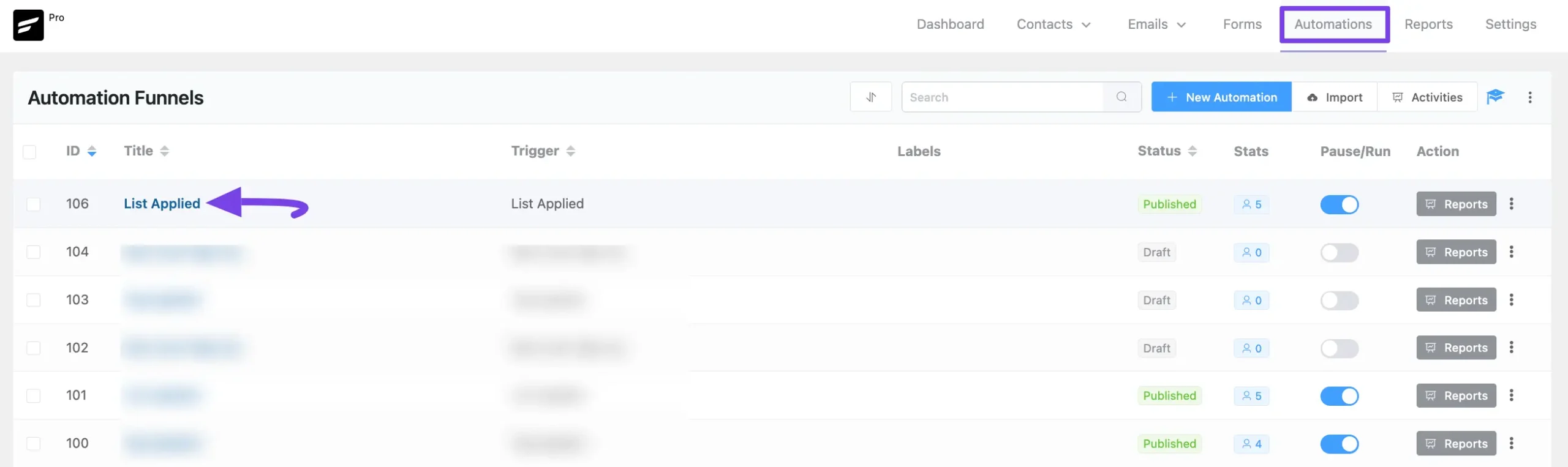 Open desired automation funnel