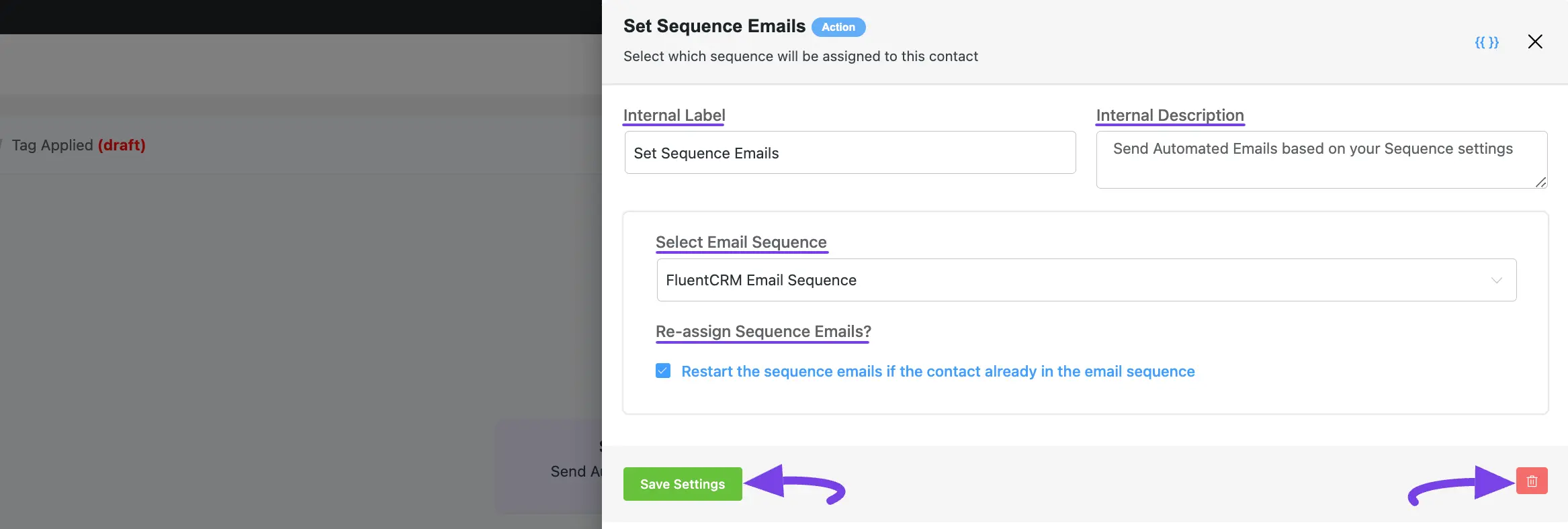 Set sequence emails action