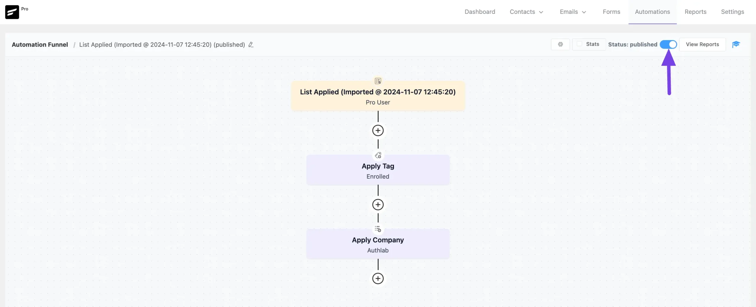 Imported automation funnel published toggle