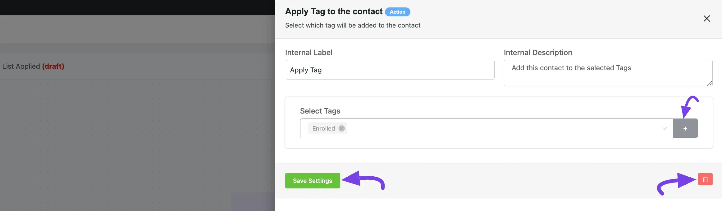 applied tag action's pop up page