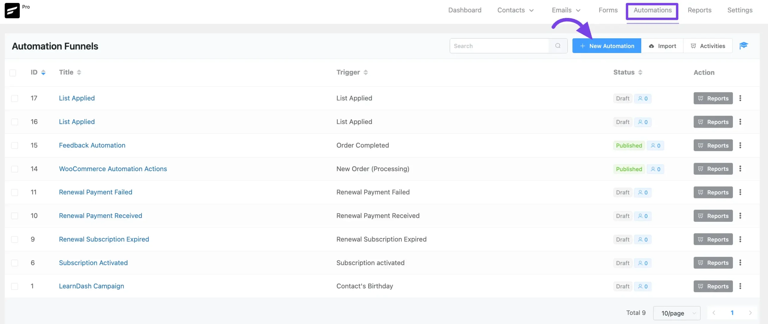 automations section from fluentcrm navbar