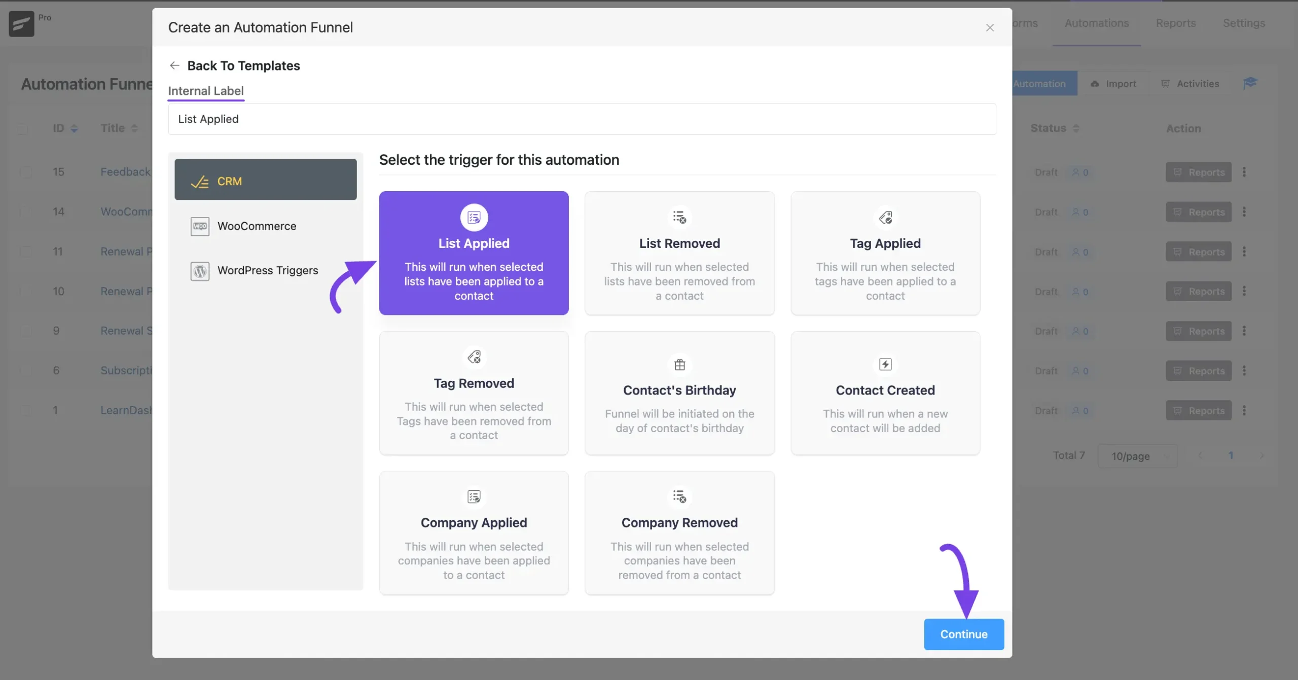 choose trigger for automation