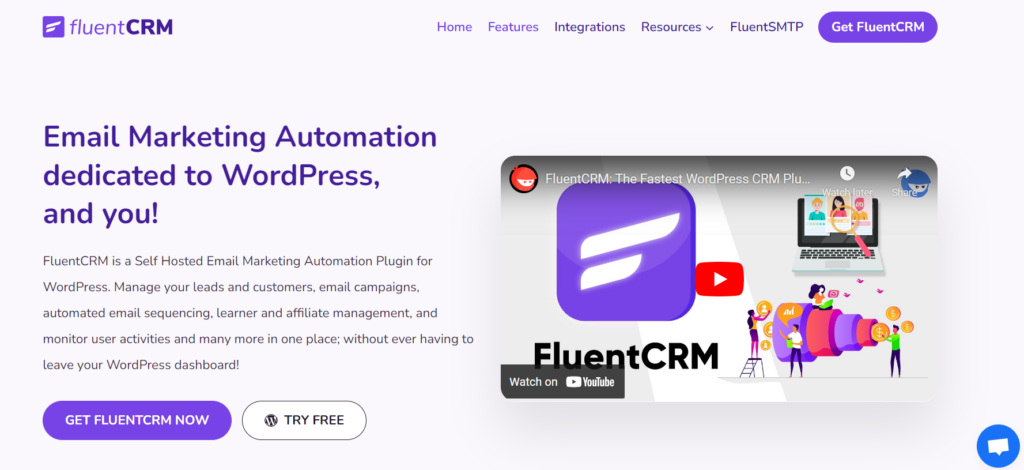 FluentCRM website homepage, one of the best email marketing software for affiliate marketing