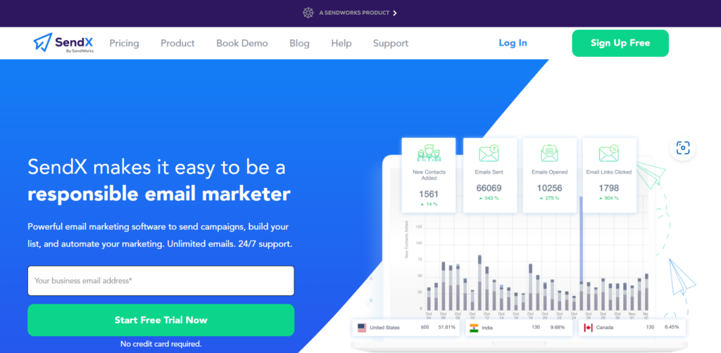 SendX website homepage, one of the best email marketing software for affiliate marketing